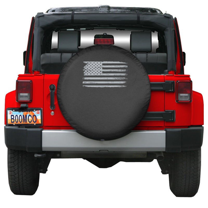 Boomerang 32" Distressed American Flag - Spare Tire Cover - (Black Denim Vinyl) - Silver Print - Made in The USA - Image 3